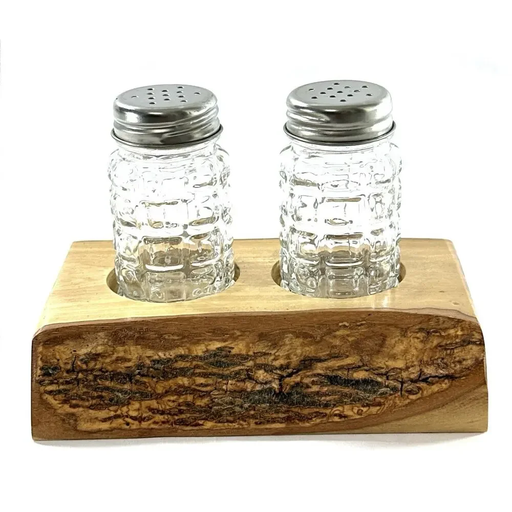 Rustic Wood Salt & Pepper Shaker Holder Set Live Edge Bark Glass Shakers Handmad